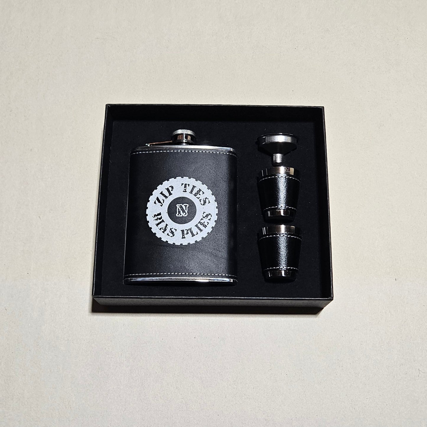 Leather Flask Set (Black - Logo)